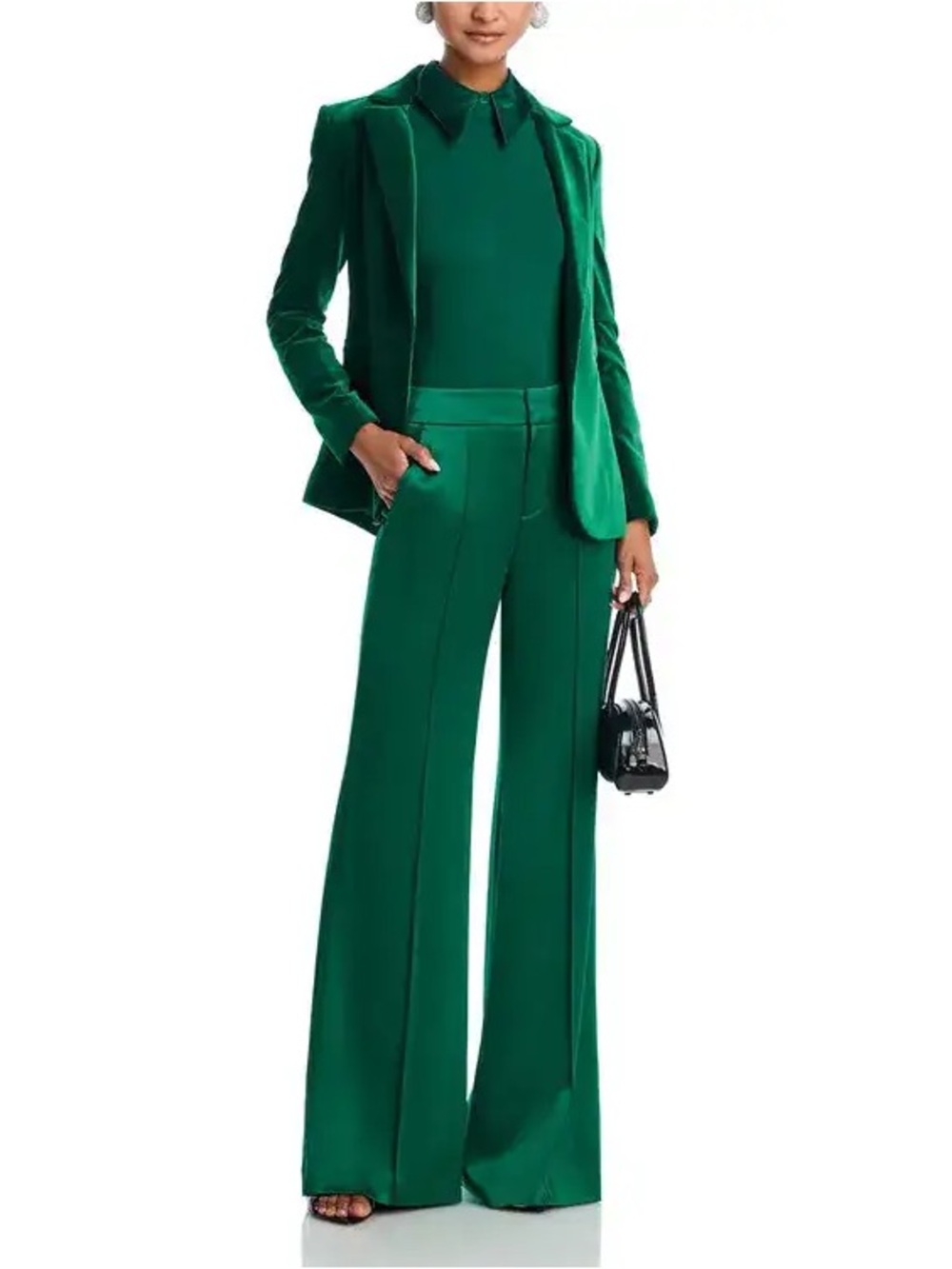 NEW NWT Alice + Olivia Dylan Satin Wide Leg Pants In Forest Green - Picture 2 of 13
